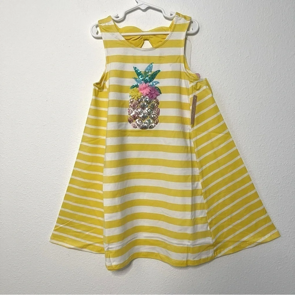 TOMMY BAHAMA Girls 3D sequins pineapple striped Dress With Hair Clip size M